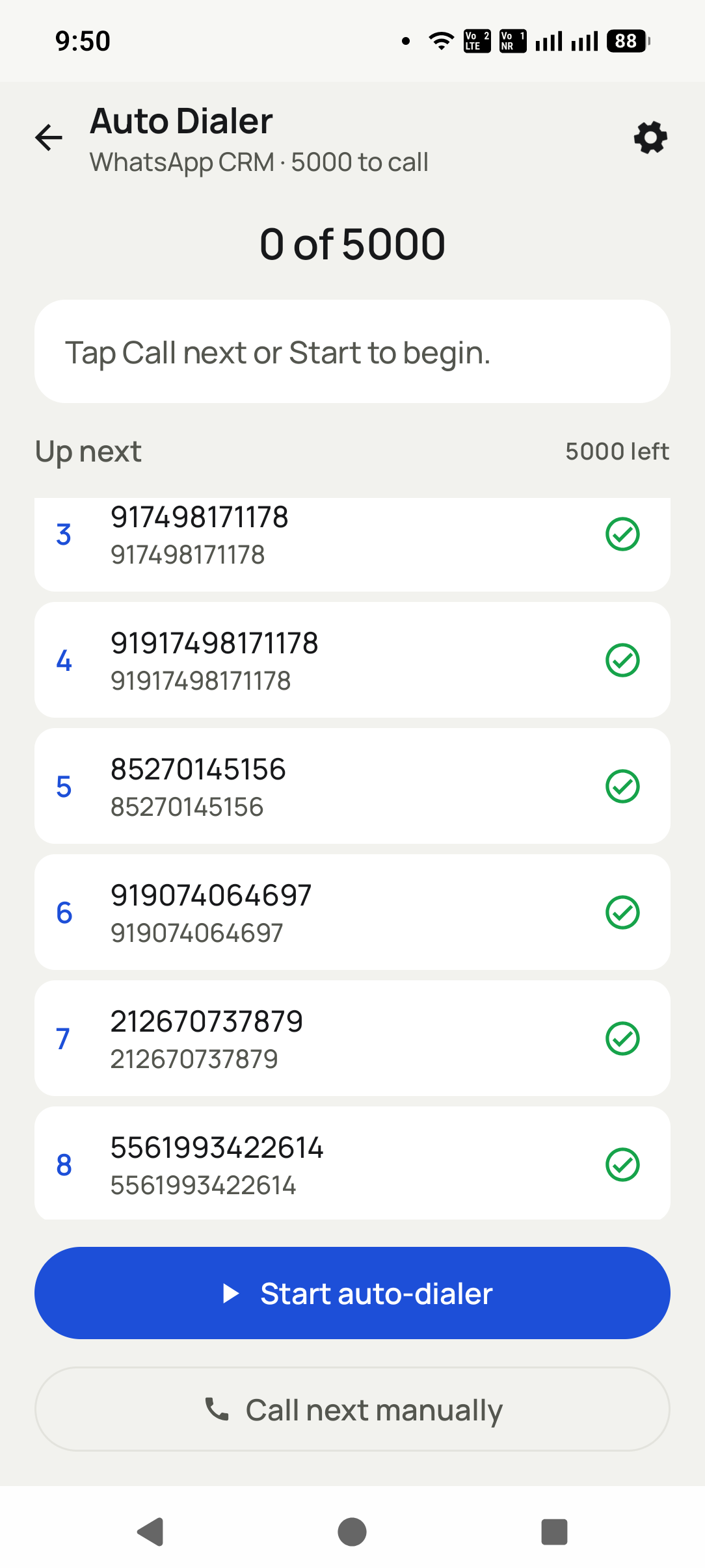 A Dialmio auto dialer session calling through a lead list