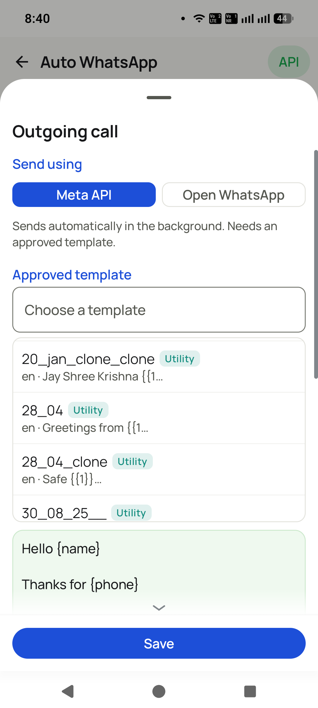 Automatic WhatsApp after a call: Attach each to an outcome