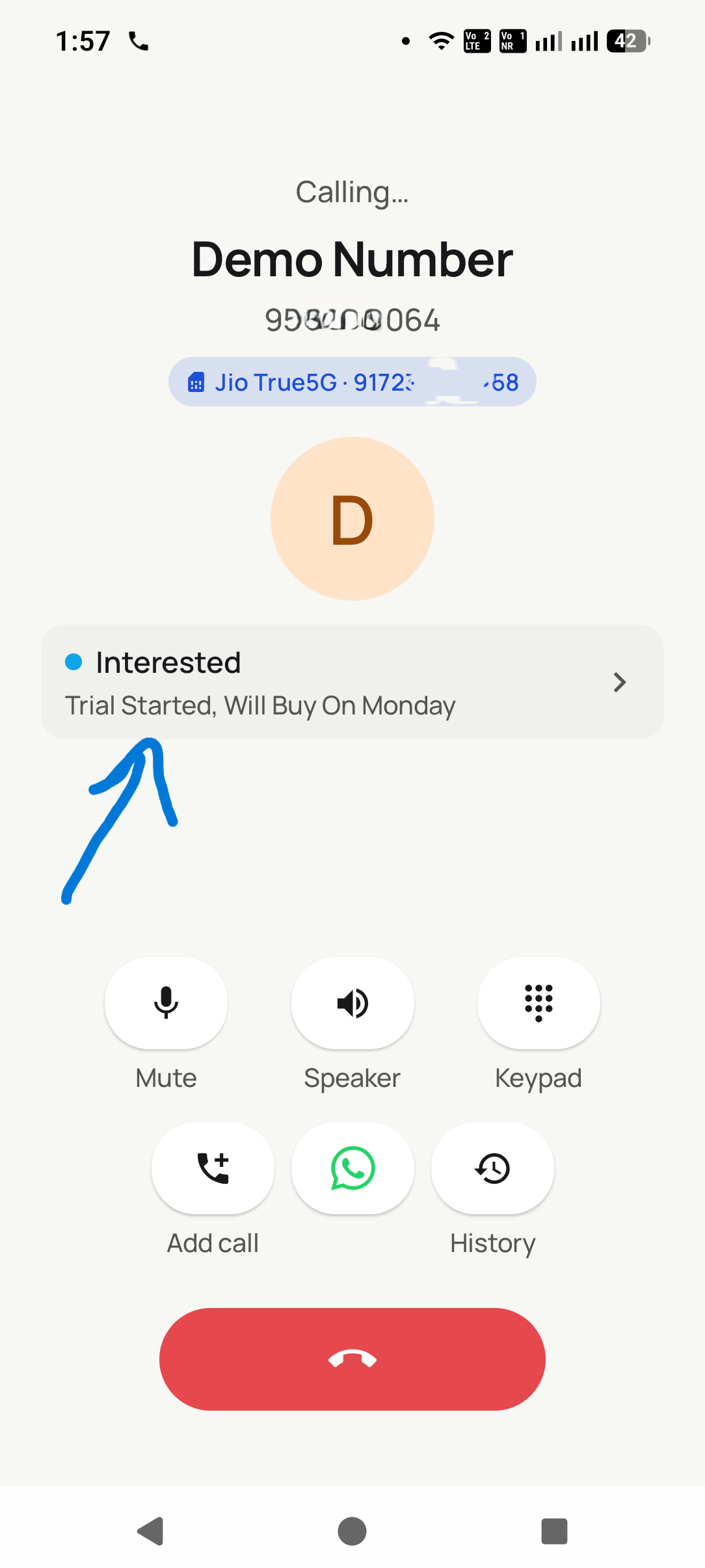 A Dialmio call in progress on the phone SIM, with the lead status Interested and the last note shown on the call screen