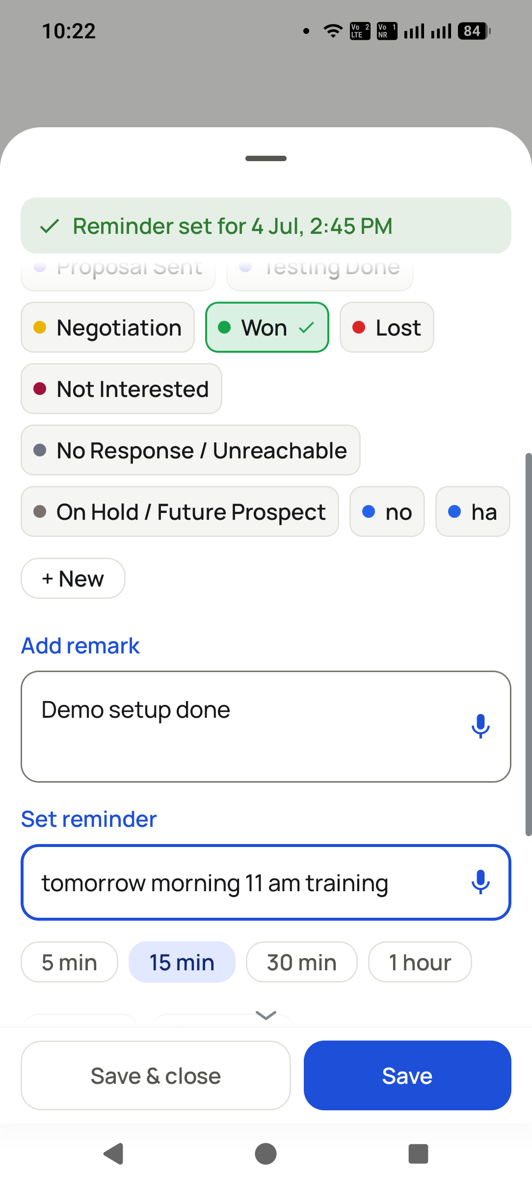 The Dialmio after-call sheet with status buttons, a note field and a follow-up date