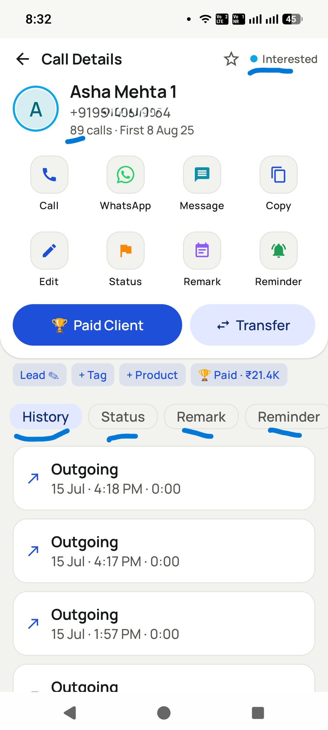 A Dialmio lead record showing every past call, note and WhatsApp on one timeline