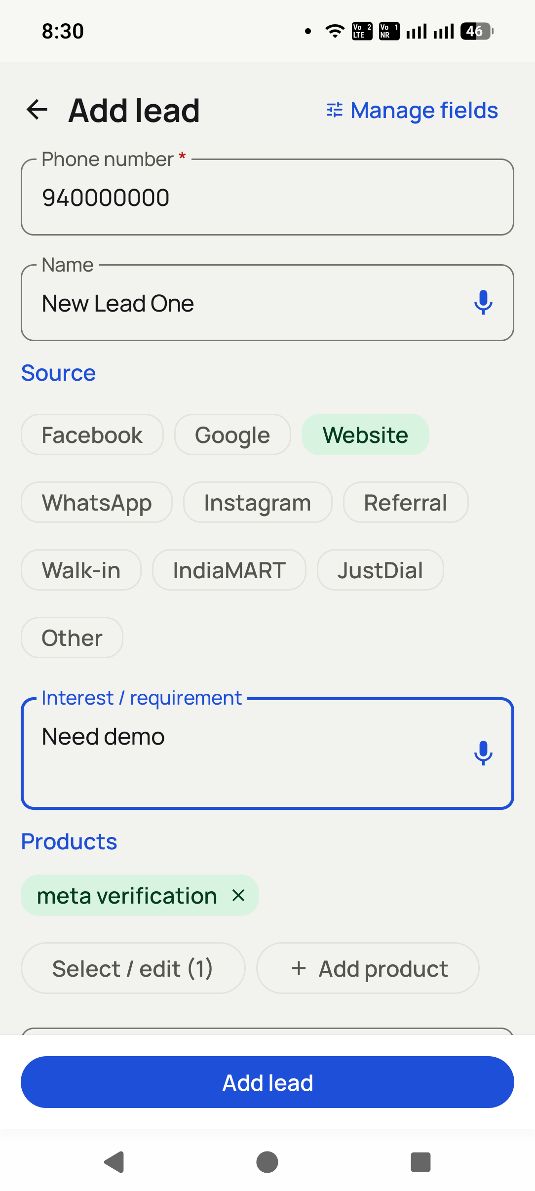 Lead records and pipeline in the Dialmio app