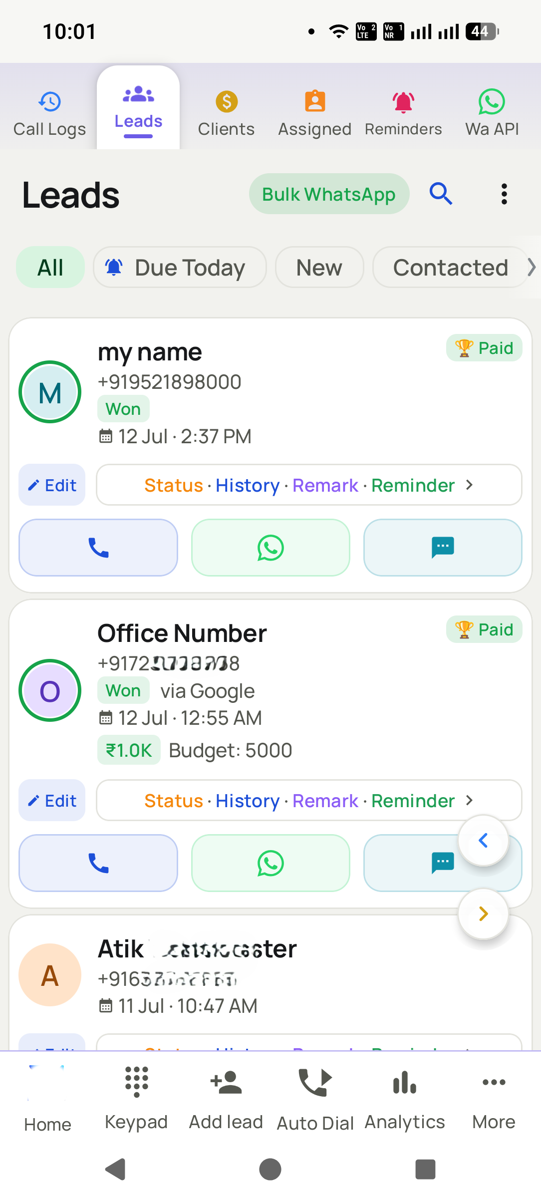 A Dialmio lead record with its call and message timeline
