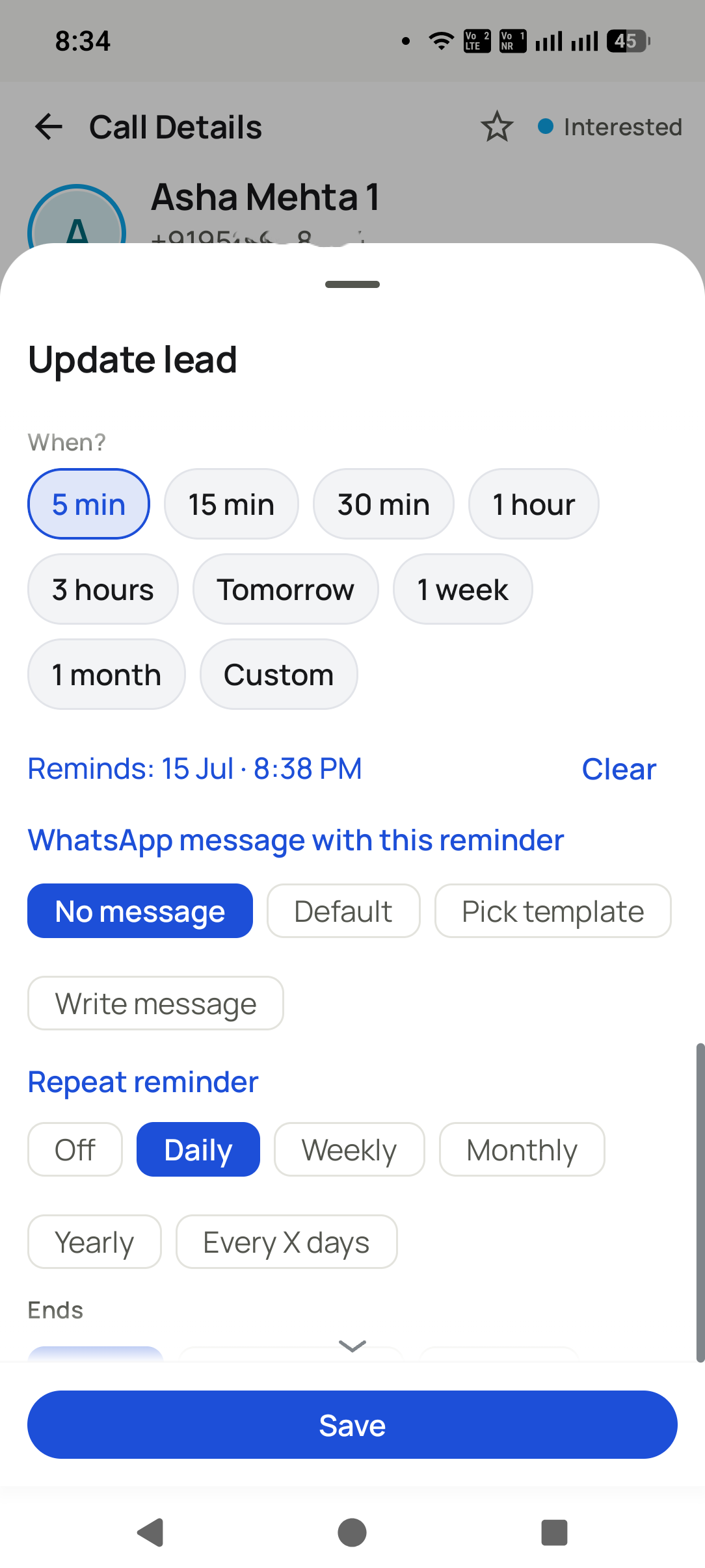 Follow-up reminders that ring in the Dialmio app