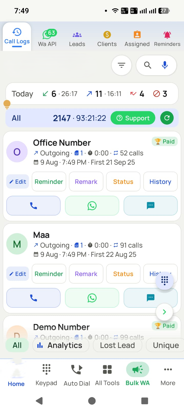 The Dialmio call management CRM app: a call log where every number shows its lead status and call count
