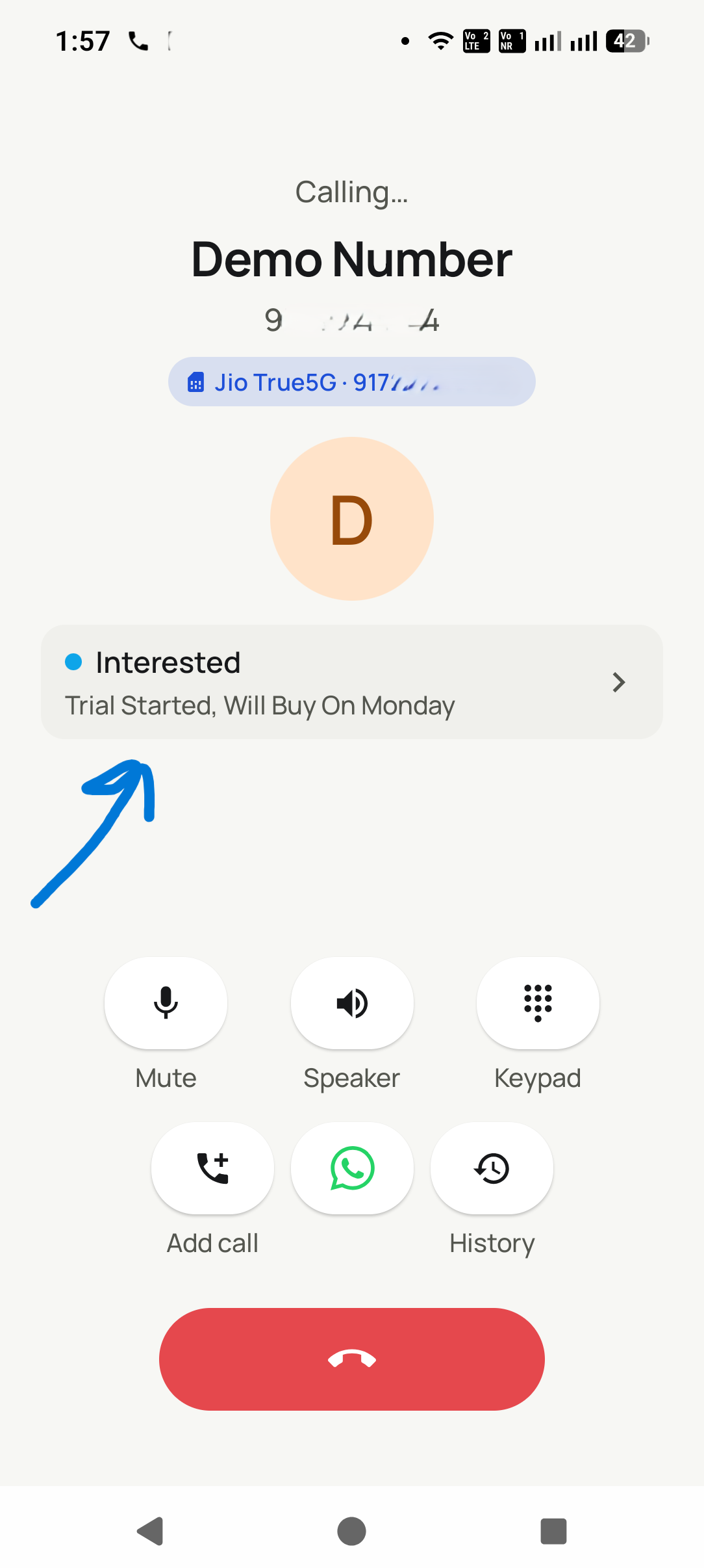 The Dialmio app placing a call through the phone SIM with the lead record open