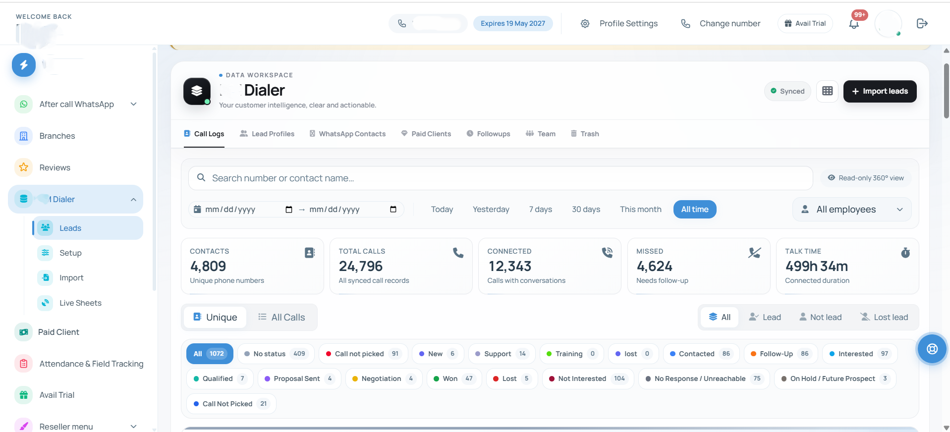 The Dialmio owner dashboard: team call logs with talk time, outcomes and open follow-ups