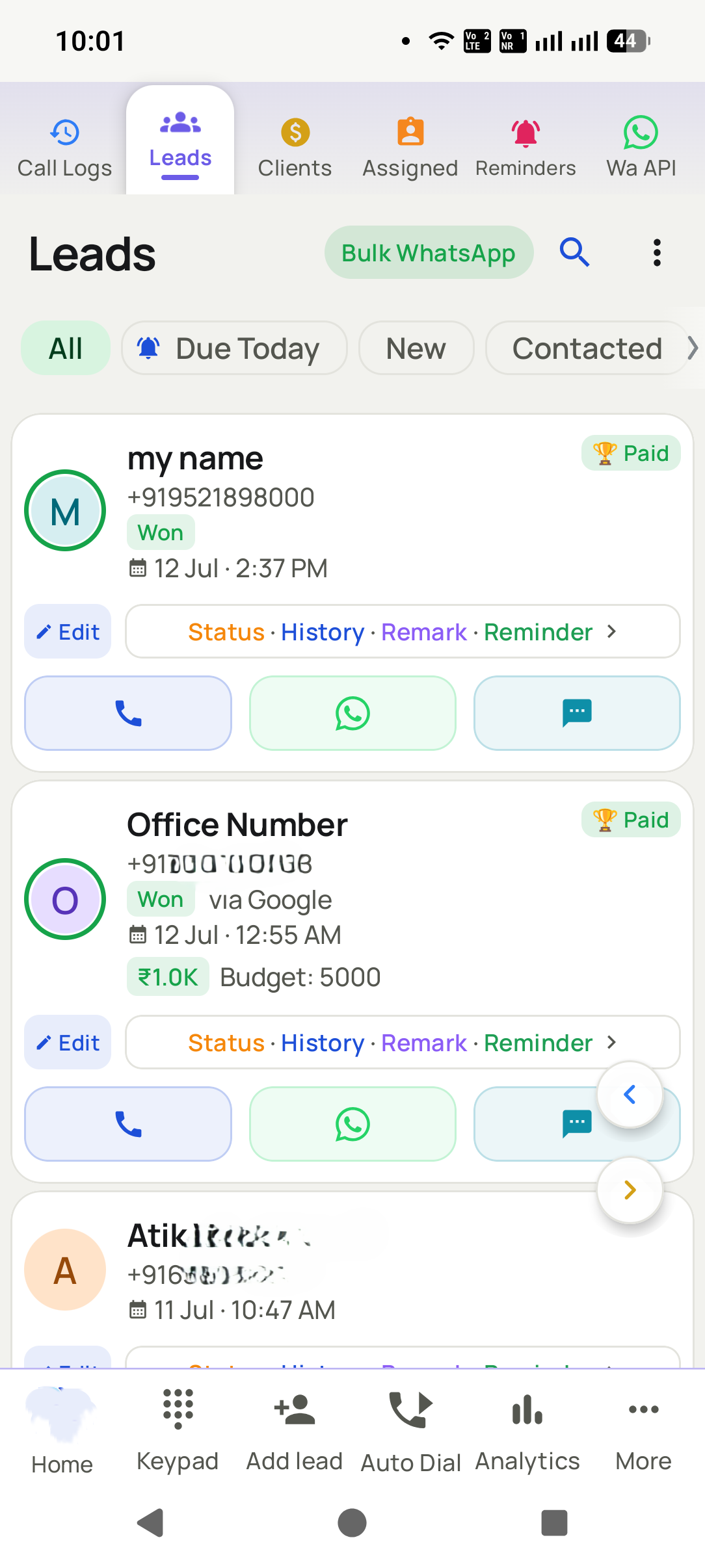 The Dialmio leads list on a telecaller phone, with a Due Today filter and call, WhatsApp and message buttons on each lead
