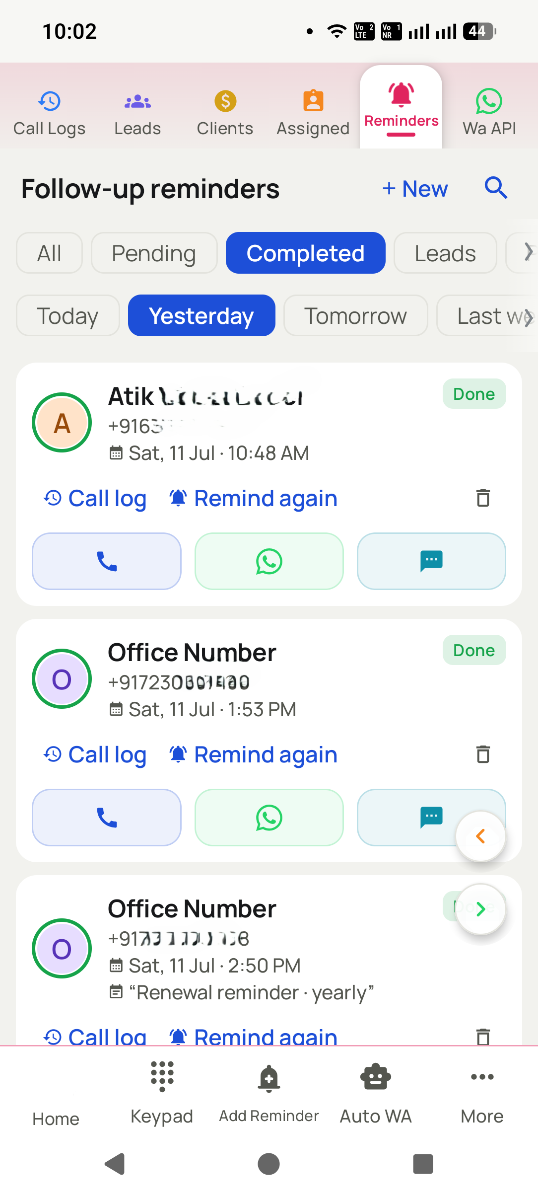 The Dialmio follow-up reminders list on a telecaller phone, with each callback marked done